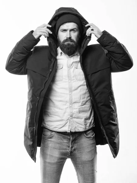 Ropa de hombre estilo Hipster. Traje Hipster. Caballero de pie hipster barbudo en chaqueta negra cálida parka aislada en blanco. Moda moderna Hipster. El tipo usa sombrero y chaqueta negra de invierno. Elegante y cómodo — Foto de Stock