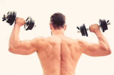 Eylemler koçlardan daha yüksek sesle konuşur. Halter egzersiz salonu. Dambıl arka görüşle egzersiz kaslı adam. Güçlü sırtı ve kolları olan sporcu. Spor ekipmanları. Vücut geliştirme sporu. Spor yaşam tarzı