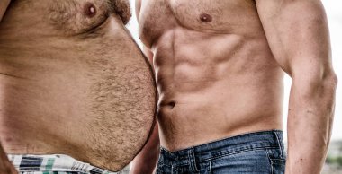 fat and slim. paunchy and slim bellies. bare torso and six packs or abs. muscular and fat. compare body shapes. perfect body. healthy lifestyle and dieting. Always in good shape. health and sporty clipart