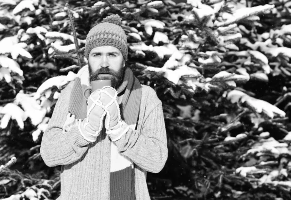Man wears knitted hat, scarf and gloves with calm face.