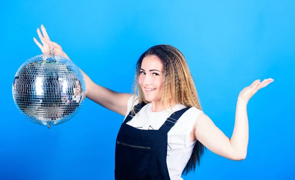 girl with disco ball. party goer. lets dance. night life concept. ready for having fun. happy birthday party. disco dancing. celebrating the holiday. christmas or new year holiday. event manager