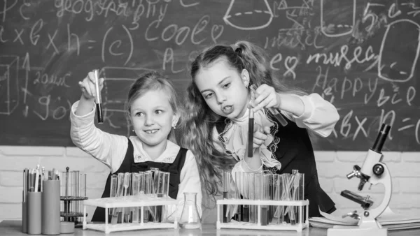 Na škole chemii. Školní děti provedením experimentu ve vědě třídě. Školačky drží zkumavky. Vědecká laboratoř pro školy a vzdělávání. Laboratoř v základní škole — Stock fotografie