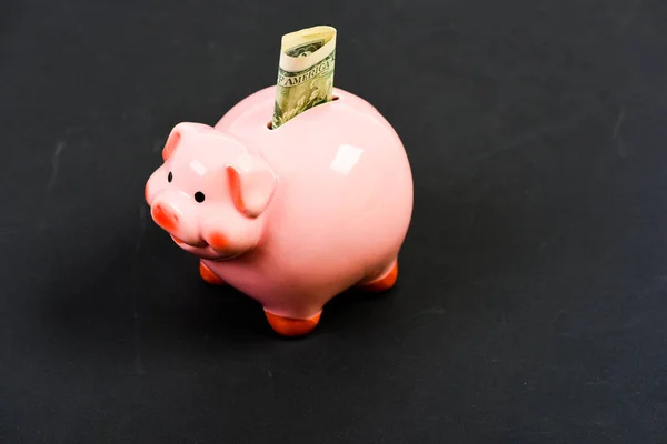貯金だ銀行口座だ給料を稼ぐ。お金の予算計画財政的健康ピギーバンクピンクの豚はドル紙幣の現金を詰めた金を貯めろ経済と金融。クレジットコンセプト — ストック写真