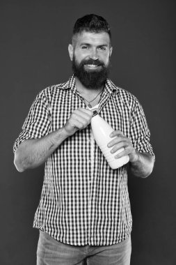 Laktoz diyeti. Sakallı adam beyaz şişeyi sütlü tutuyor. Kafkasyalı vahşi hippi süt içer. Sağlık ve diyet. Süt ürünleri. Laktoz tüketiyorum. Sağlıklı beslenme. Yoğurt probiyotikleri ve prebiyotikleri