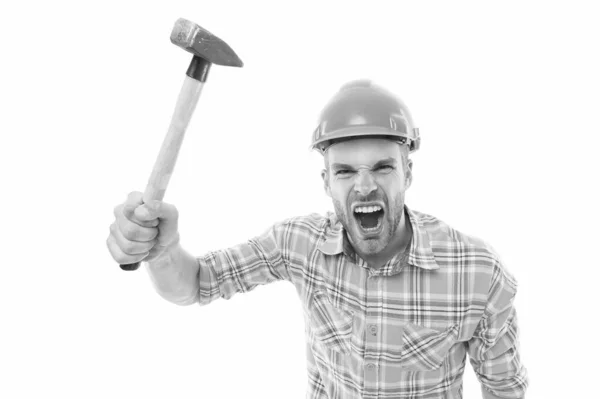 Boze baas. Vernietig en bouw. Reparatie. Reparatie en renovatie concept. Een klusjesman. Reparatie en renovatie. Huisverbetering. Man in helm agressieve arbeider. Reparatie — Stockfoto