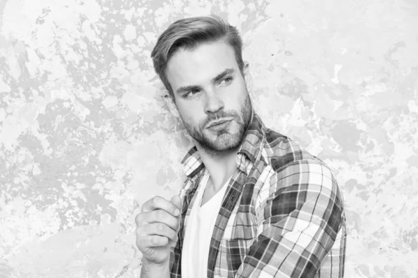 Hairdresser salon. Barber concept. Caucasian male model with unshaven handsome face and stylish hairstyle. Casual and handsome. Skin care. Handsome man unshaven face. Natural beauty. Beard grooming — Stock Photo, Image