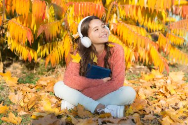 Ses kütüphanesi. Küçük kız kulaklıkla sesli kitap dinler. Müzik kulaklığı takan tatlı çocuk sonbahar yapraklarına oturur. Küçük çocuk doğada müzik öğrenmenin tadını çıkarıyor. Uzaklık öğrenimi için ses