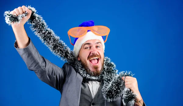 Celebrate new year. Great celebration. Christmas party organisers. Corporate party ideas. Have fun. Join office party. Corporate christmas party. Man bearded hipster wear santa hat festive accessory
