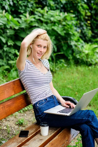 Education concept. Notebook internet remote job. Work in park. Power of nature calls. Girl work with laptop in park. Natural environment office. Reasons why you should take your work outside