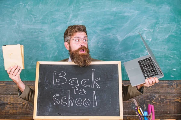 Teacher welcomes pupils study traditional and modern subjects. Private school advertising boost enrollments. Study with us. Teacher or school principal welcomes blackboard inscription back to school