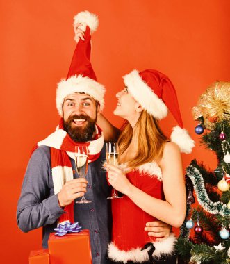 Bay ve Bayan Noel Baba şampanya bardakları tutuyor..