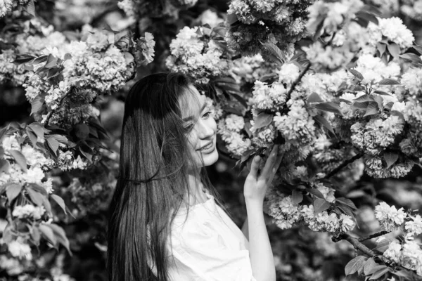 Cosméticos naturais de pele. Paraíso floral. Loja de flores. Menina em flor de cereja flor. Árvore Sakura a florescer. Macio e macio. Linda flor e beleza feminina. Mulher na flor da primavera — Fotografia de Stock