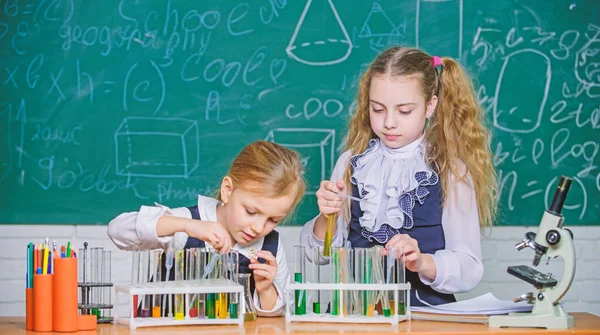 Kimya dersinde. Laboratuvar dersinde deney tüpleri tutan küçük öğrenciler. Küçük liseli kızlar ders sırasında kimya öğrenirler. Zeki okul çocukları fen dersinde deney yapıyorlar. — Stok fotoğraf