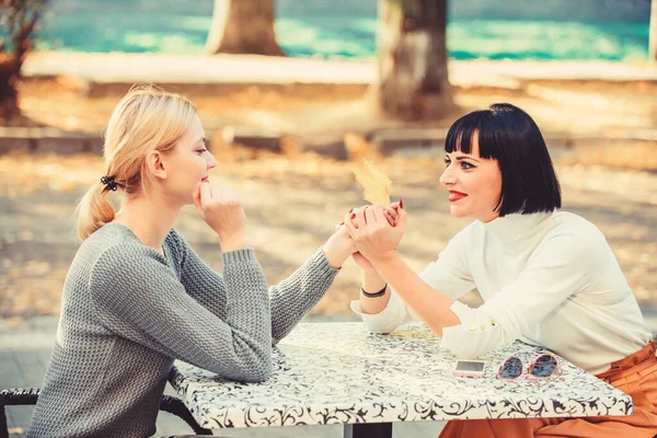 Friendship meeting. Girls friends drink coffee talk. Conversation of two women cafe terrace. Friendship friendly close relations. Revelation and support. Trustful communication. Friendship or rivalry — Stock Photo, Image