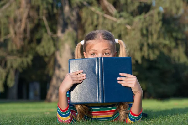 Ne jugez pas livre par sa couverture. Adorable petit visage de couverture d'enfant avec livre. Jolie petite fille lire le livre sur l'herbe verte. Grand oeil pour un bon livre — Photo