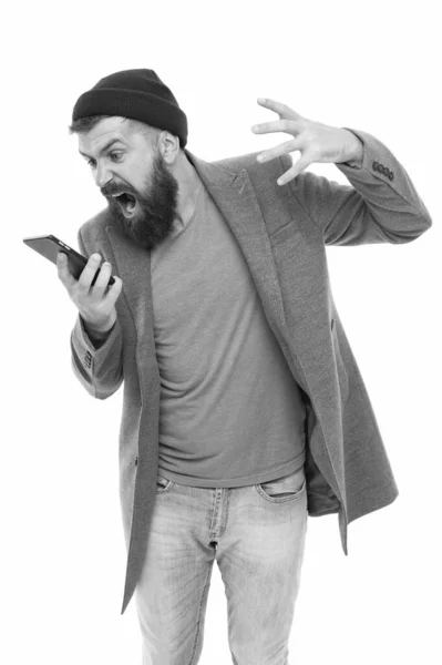 スタイリッシュな男は携帯電話を使用しています。モバイル通話の概念。重要な会話ひげを生やしたヒップスターは、携帯電話の白い背景を保持します。モバイル通信の難しさ。ヒップスタースマートフォンコール友人 — ストック写真
