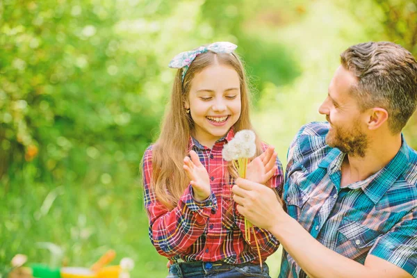 It is my life. daughter and father love dandelion flower. family summer farm. ecology. Happy family day. little girl and happy man dad. earth day. spring village country. Great plants — Stock Photo, Image