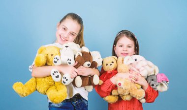 Kız kardeşlerin en iyi arkadaşları oynar. Tatlı bir çocukluk. Çocukluk kavramı. Yumuşaklık ve hassasiyet. Çamaşır yumuşatıcı. Sevgi ve dostluk. Çocuklar sevimli sevimli kızlar yumuşak oyuncaklar oynamak. Mutlu çocukluk. Çocuk bakımı