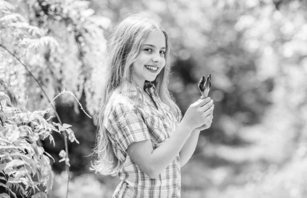 小さな女の子と虹彩の花。幸せな子供は虹彩の花を保持します。夏休み。緑の環境。自然の美しさ。子供の頃の幸せ花屋。春休み。女性の日。あそこを見てごらん — ストック写真