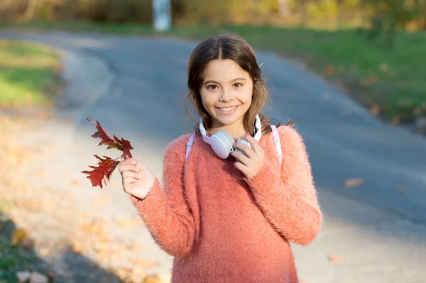 Kid girl relaxing autumn leaf with modern wireless headphones. Listening songs. Melody for good mood. Drive by song. Enjoy music outdoors fall warm day. Audio file. Music for autumn cozy mood
