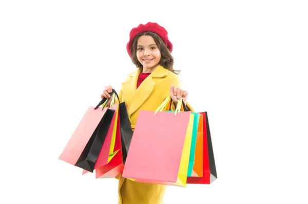 Great choices great purchases. Happy small child hold purchases in paperbags. Little girl smile with fashion purchases. Impulse purchases. Shopping addiction. Season sale. Best autumn discounts — Zdjęcie stockowe