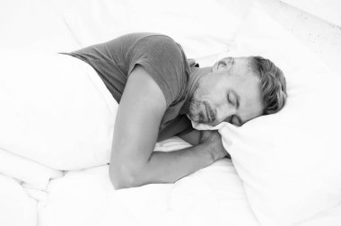 Uyuyan güzel. Yakışıklı adam yatakta yatıyordu. Her gece yeteri kadar uyuyorum. Bahşişler daha iyi uyuyor. Sakallı adam yastıkta dinleniyor. Hoş bir rahatlama konsepti. Mükemmel dinlenme