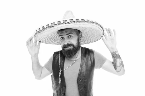 Η Μεξικάνικη μελωδία τον οδηγεί. Γιόρτασε τις παραδοσιακές μεξικάνικες διακοπές. Ιδέα του μεξικανικού Κόμματος. Τύπος ευτυχισμένο χαρούμενο γιορτινό ντύσιμο έτοιμο να γιορτάσει. Άνθρωπος με μούσι χαρούμενο τύπο φορούν σομπρέρο μεξικάνικο καπέλο — Φωτογραφία Αρχείου