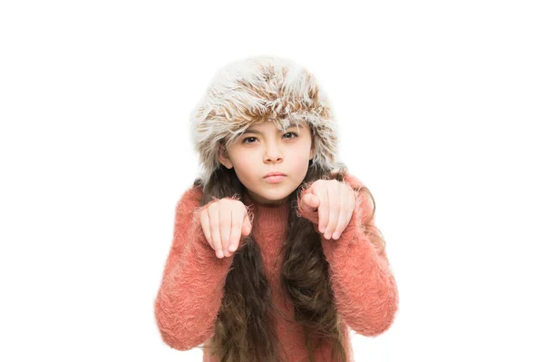 Playful cutie. Kid girl wear hat with ear flaps white background. Soft furry accessory. Caring fur garments. Child long hair soft hat enjoy softness. Winter fashion concept. Warm hat for cold weather — Stock Photo, Image