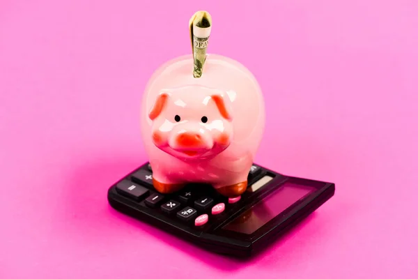 fast money. family budget. business startup. Working with numbers. calculation of annual income. saving money. First salary. piggy bank with calculator. Moneybox. bookkeeping. financial report