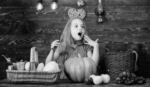 Ragazzina al mercato agricolo con raccolto autunnale. Coltivatore di bambini con fondo di legno raccolto. Fattoria giochi a tema e attività per bambini. La bambina festeggia il raccolto. Concetto di festa agricola familiare — Foto Stock