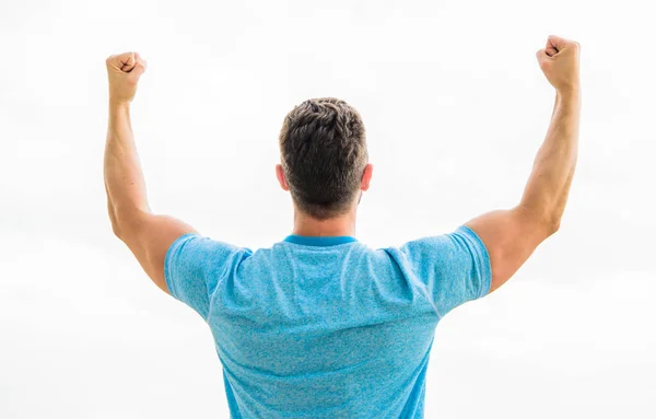 Muskulöser Rücken Mann isoliert auf weiß. Mann glücklich emotional feiern profitablen Deal. Folgen Sie Ihrem Traum. Bleiben Sie in Bewegung. Inspiriert zum Start-up. Glücklicher Sieger. Sieg oder Erfolg feiern. — Stockfoto
