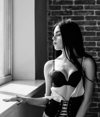 Tutkulu gizemli sevgilisi. Sabah güneş ışığına sahip. Şehvetli kız seksi göğüsler pencere yakın rahatlatıcı. Çekici kadın iç çamaşırı sadece evde rahatlatıcı. Daha iyi olamazdı. Onun güzelliği zevk