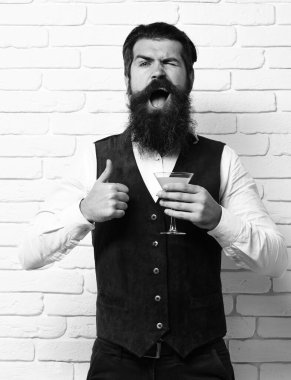 Uzun sakallı ve bıyıklı yakışıklı bir adam komik suratında şık saçlar var. Elinde bir bardak alkollü içecek var. Beyaz tuğladan bir stüdyo stüdyosunun arka koltuğunda deri bir yelek giyiyor.