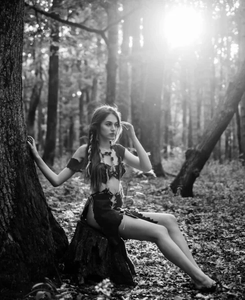 Female spirit mythology. She belongs tribe warrior women. Wild attractive woman in forest. Folklore character. Living wild life untouched nature. Sexy girl. Wild human. Wilderness of virgin woods — Stock Photo, Image