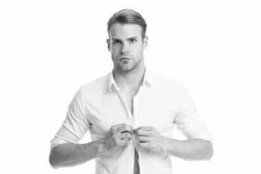 Menswear formal style. Clerical and middle chain management. White collar worker. Man well groomed formal elegant shirt white background. Guy handsome office worker. Working formal dress code