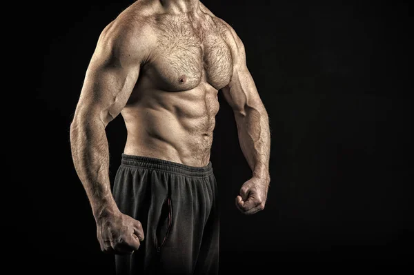 很好的身体效果, 定期训练锻炼体操锻炼。躯干肌肉强健的男性身体。健美成就伟大的形状。性感裸躯干。胸六包紧张的肌肉看起来有吸引力的印象 — 图库照片