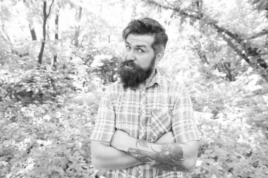 Çok ilginç bir dövmem var. Acımasız hipster yaz manzara üzerinde dövme ile çapraz kollar tutmak. Beyaz adam dövme resmini gösteriyor. Cilt kapsayan renkli mürekkep dövme ile Sakallı adam