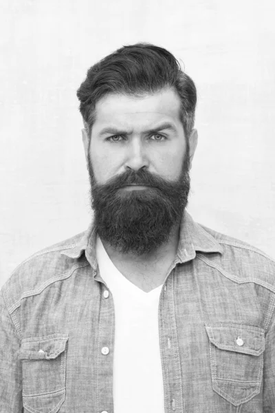 Gepflegter Macho. Hipster mit Bart und Schnurrbart tragen Jeanshemd. Brutaler gutaussehender Hipster auf grauem Wandhintergrund. Bärtiger Mann trendigen Hipster-Stil. Männlichkeit und männliches Schönheitskonzept — Stockfoto