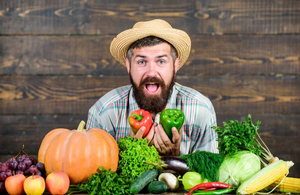 Festa del raccolto del mercato agricolo. Uomo maturo contadino barbuto tenere verdure sfondo in legno. Vendere verdure. Negozio di alimentari. Acquista verdure fattoria locale. Concetto di raccolto locale. Tipico contadino — Foto Stock