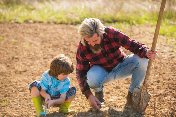 Agriculture agricole. L'homme barbu enseigne l'agriculture infantile. Activité agricole hobby. L'agriculture et le jardinage. Ferme familiale. Agriculture et homesteading. Des plantes en croissance. Horticulture. Saison de printemps — Photo