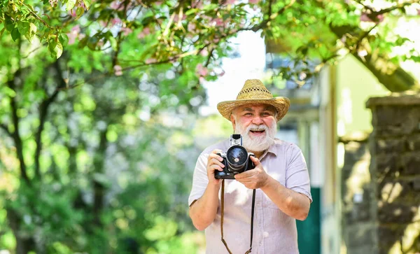 Conceito naturalista. Floresce a primavera sakura. Viagens e turismo. Fotógrafo no jardim. Capturar a beleza da primavera. Férias. Desfrutando de tempo livre. Andar na sua rua favorita. Senior homem segure câmera — Fotografia de Stock