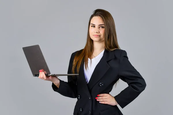 Looking for design inspiration online. stylish woman hold notebook. confident businesswoman with laptop. elegant smiling woman in jacket. online office worker. formal casual fashion style — Stock Photo, Image