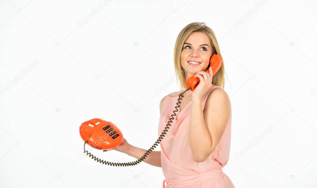 old fashioned secretary. Happy pin up girl talking on retro telephone. modern businesswoman with vintage phone. Pin up woman talking on the phone. good news. happy calling