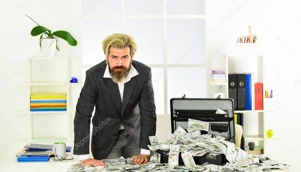 Money laundering. Business challenges. Accounting and banking. Financial success. Tax service. Financial expert. Taxation. Illegal profit. Man with briefcase full of cash. Financial achievement