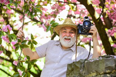 Kıdemli adam profesyonel kamerayı tutuyor. Emeklilik gezisi. Boş zamanın tadını çıkarıyorum. Seyahat ve turizm. Çekici güzellik. Mutlu büyükbaba. Bahar tatili. Seyahat fotoğrafı. Çiçek açan bahçede fotoğrafçı
