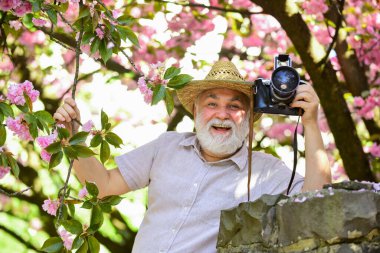 Senior man hold professional camera. Retirement travel. Enjoying free time. Travel and tourism. Capturing beauty. Happy grandfather. Spring holidays. Travel photo. Photographer in blooming garden clipart