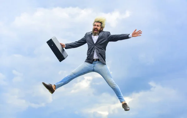 Find your life mission. Businessman run away business case. Feel impact. Hipster hold briefcase. Happy worker. Freedom. Feeling free. Business man formal suit carries briefcase. Illegal deal business — Stock Photo, Image