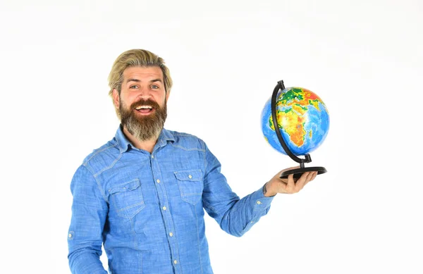 Travel and wanderlust. Bearded man with globe. Earth day. International concept. Geography teacher. International business. Global network. Worldwide shipping. Travel by air. Around the world — Stock Photo, Image
