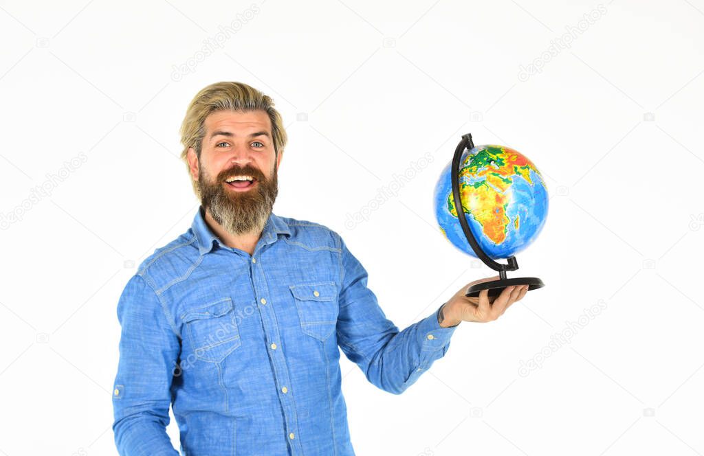 Travel and wanderlust. Bearded man with globe. Earth day. International concept. Geography teacher. International business. Global network. Worldwide shipping. Travel by air. Around the world