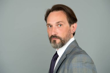 Gerçek bir iş adamı kravat takar. Orta yaşlı beyaz erkek yönetici iş başında. Patron görüşmeye hazır. Erkek ofis modası. Sakallı olgun bir adam. Sabah bakım rutini. Boşluğu kopyala